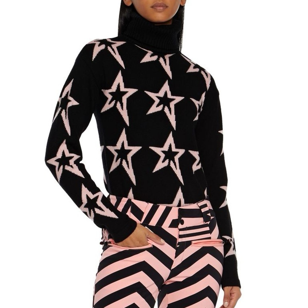 Perfect Moment Black and Pink Star-Pattern Turtleneck Sweater
